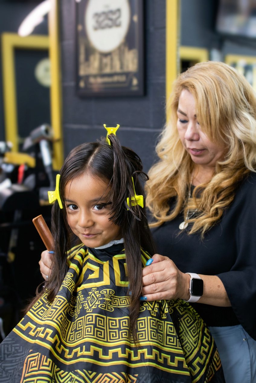 Barber Mimi cutting a young client's hair at Castillo 502